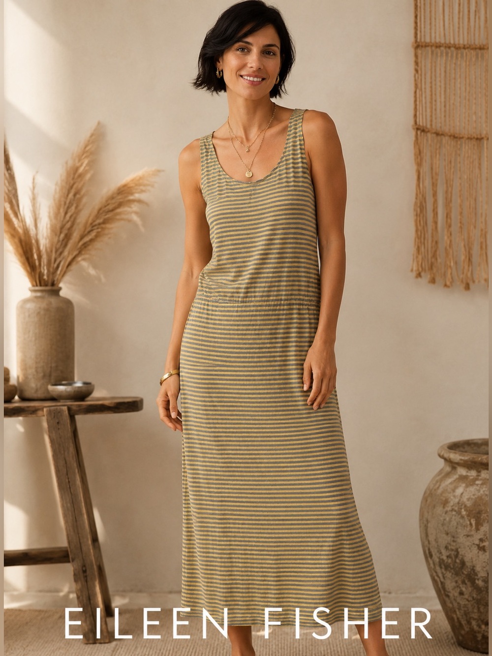 🌸EILEEN FISHER Linen Yellow and Gray Striped Tank Midi Dress size M
Boho Resort